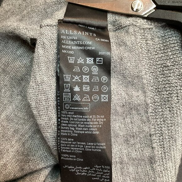 Allsaints Merino Wool Crewneck Sweater Mens Large Gray RWS Certified - Picture 10 of 12